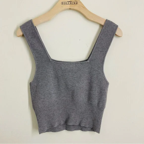 H&M Knit Wool Blend Cropped Sleeveless Top Gray Square Neck S - Picture 2 of 8